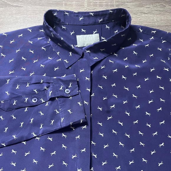 PURE Collection Button Blouse Women’s Size 8/10 100% SILK Horse Designs Navy‎ - Picture 1 of 8